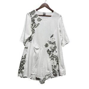 VTG Match Point Women Linen Artwear Dress S White Smokey Gray Lagenlook Asym Hem